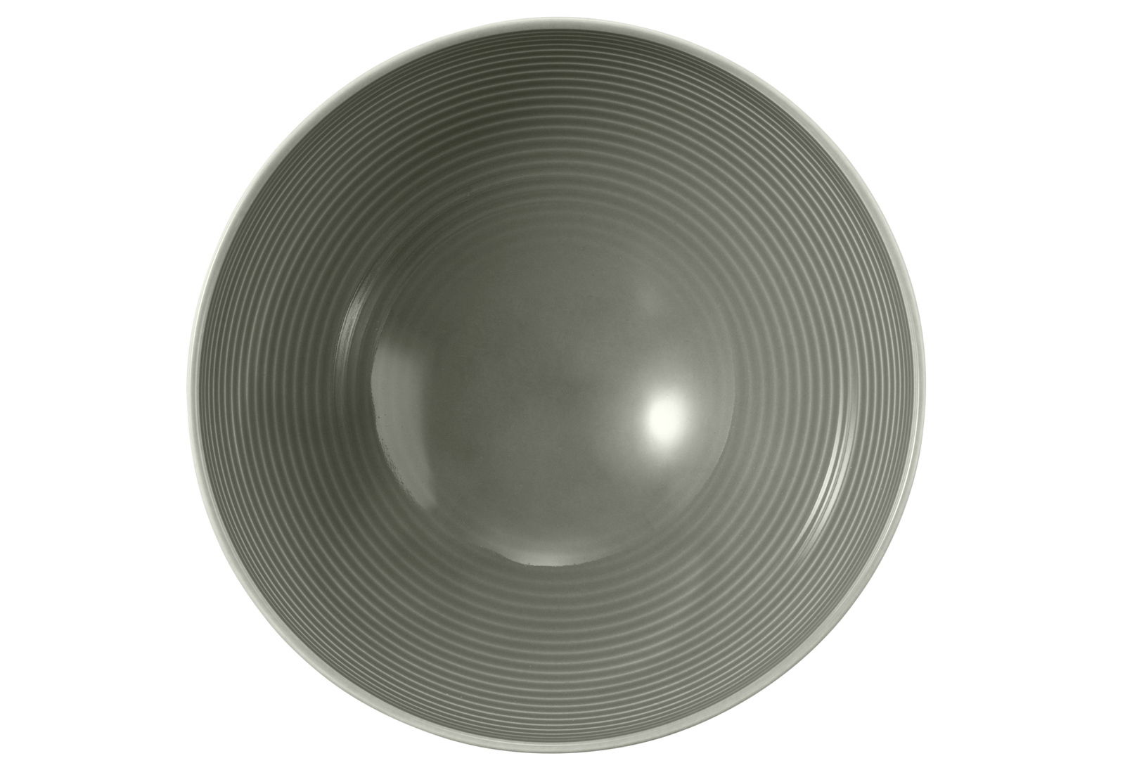 Obenansicht einer perlgrauen Schüssel mit geriffeltem Design, 15,5 cm Durchmesser, von Seltmann Weiden.