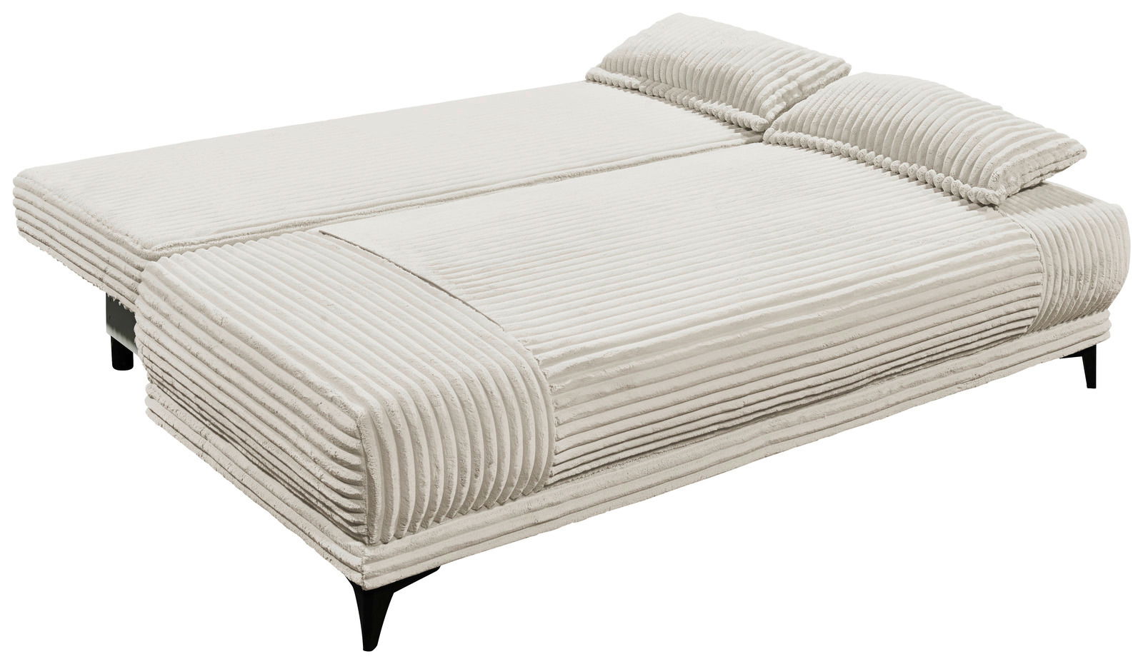 Funktionssofa in beige mit geripptem Stoffbezug, von schräg oben fotografiert