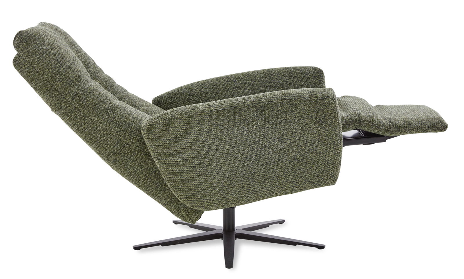 Grüner Relax-Sessel in seitlicher Perspektive mit verstellbarer Rückenlehne und Fußstütze auf schwarzem Drehfuß.
