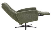 Grüner Relax-Sessel in seitlicher Perspektive mit verstellbarer Rückenlehne und Fußstütze auf schwarzem Drehfuß.