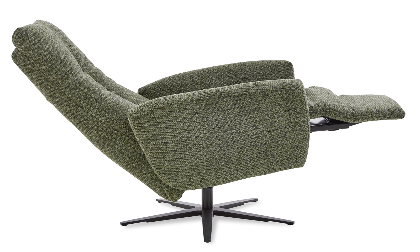 Grüner Relax-Sessel in seitlicher Perspektive mit verstellbarer Rückenlehne und Fußstütze auf schwarzem Drehfuß.