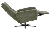 Grüner Relax-Sessel in seitlicher Perspektive mit verstellbarer Rückenlehne und Fußstütze auf schwarzem Drehfuß.
