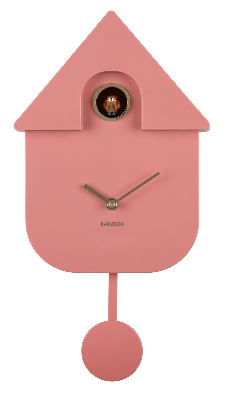 Rosa Wanduhr in Form eines Kuckucks mit goldenen Zeigern und Pendel, frontal abgebildet.