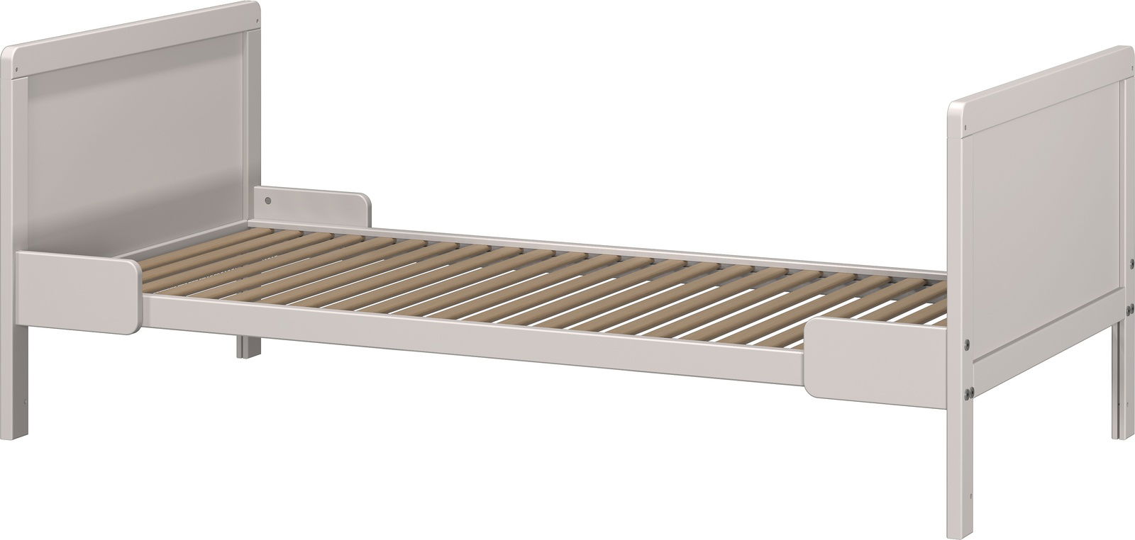 Weißes Kinderbett mit Lattenrost, seitliche Perspektive