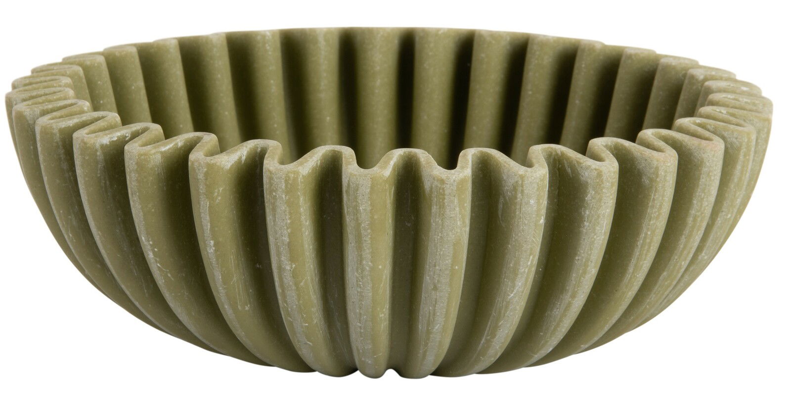 Mittlere Schale in Dunkelgrün mit geriffeltem Design, seitliche Perspektive