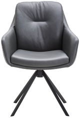 Moderner grauer Armlehnstuhl mit vier schwarzen Metallbeinen, Frontalansicht.