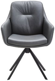 Moderner grauer Armlehnstuhl mit vier schwarzen Metallbeinen, Frontalansicht.