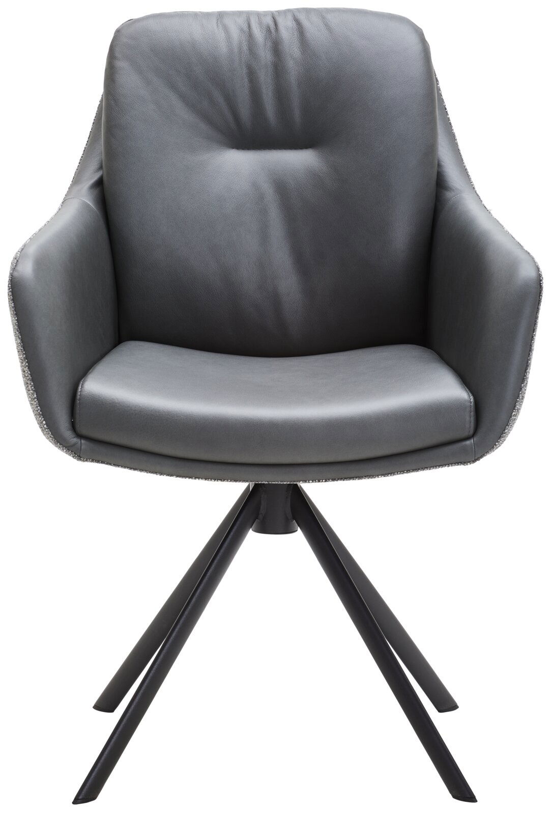 Moderner grauer Armlehnstuhl mit vier schwarzen Metallbeinen, Frontalansicht.