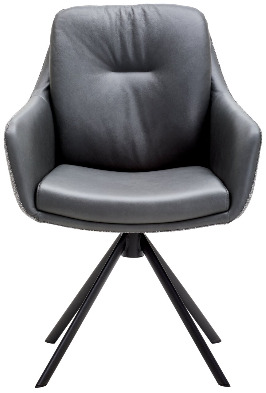 Waldwelt Armlehnstuhl ARUBA Moderner grauer Armlehnstuhl mit vier schwarzen Metallbeinen, Frontalansicht.