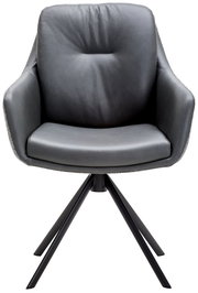 Moderner grauer Armlehnstuhl mit vier schwarzen Metallbeinen, Frontalansicht.