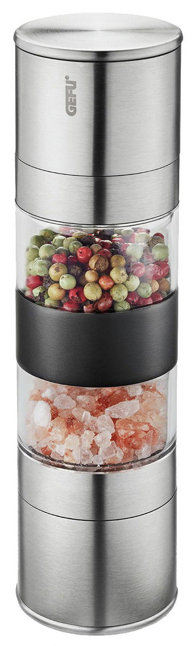 Pfeffer- und Salzmühle aus Edelstahl mit transparentem Mittelteil, gefüllt mit buntem Pfeffer und rosa Salz, seitliche Ansicht