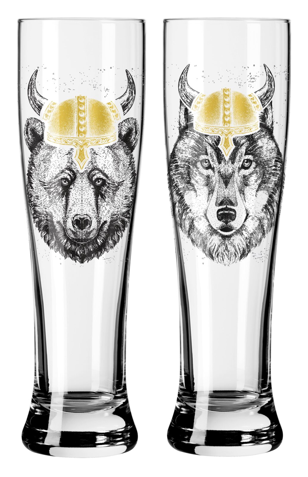Ritzenhoff Weizenglas 2er-Set BRAUCHZEIT Zwei hohe, schlanke Biergläser aus klarem Glas mit schwarz-goldenem Tierkopf-Motiv (Bär und Wolf) mit Wikingerhelm, freigestellt auf weißem Hintergrund, Frontansicht.