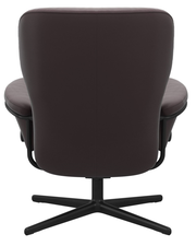 Rückansicht eines modernen Einzelsessels mit schwarzem Drehgestell und dunkelbrauner Polsterung.