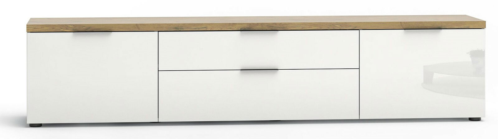 Frontansicht eines XL-TV-Lowboards mit weißer Oberfläche und Holzplatte.