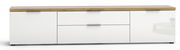 Frontansicht eines XL-TV-Lowboards mit weißer Oberfläche und Holzplatte.