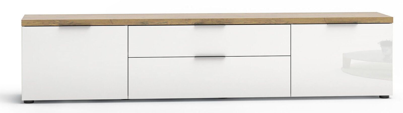 Frontansicht eines XL-TV-Lowboards mit weißer Oberfläche und Holzplatte.