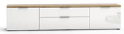 Frontansicht eines XL-TV-Lowboards mit weißer Oberfläche und Holzplatte.