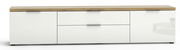Frontansicht eines XL-TV-Lowboards mit weißer Oberfläche und Holzplatte.