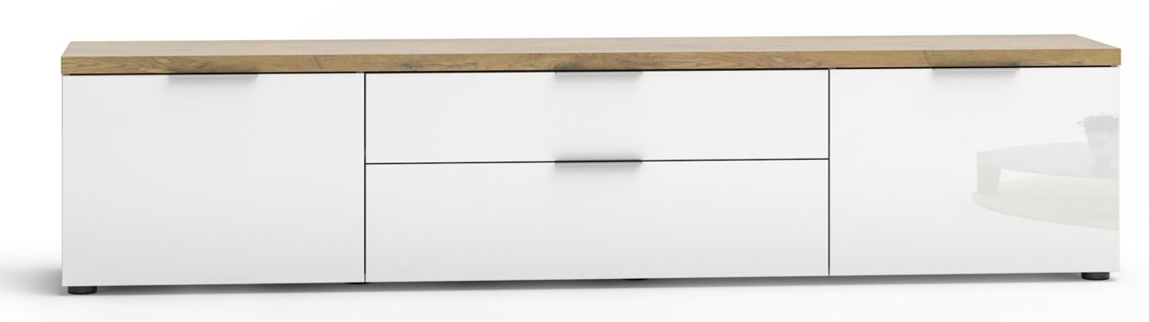 Vooraanzicht van een XL-tv-lowboard met een wit oppervlak en een houten blad.
