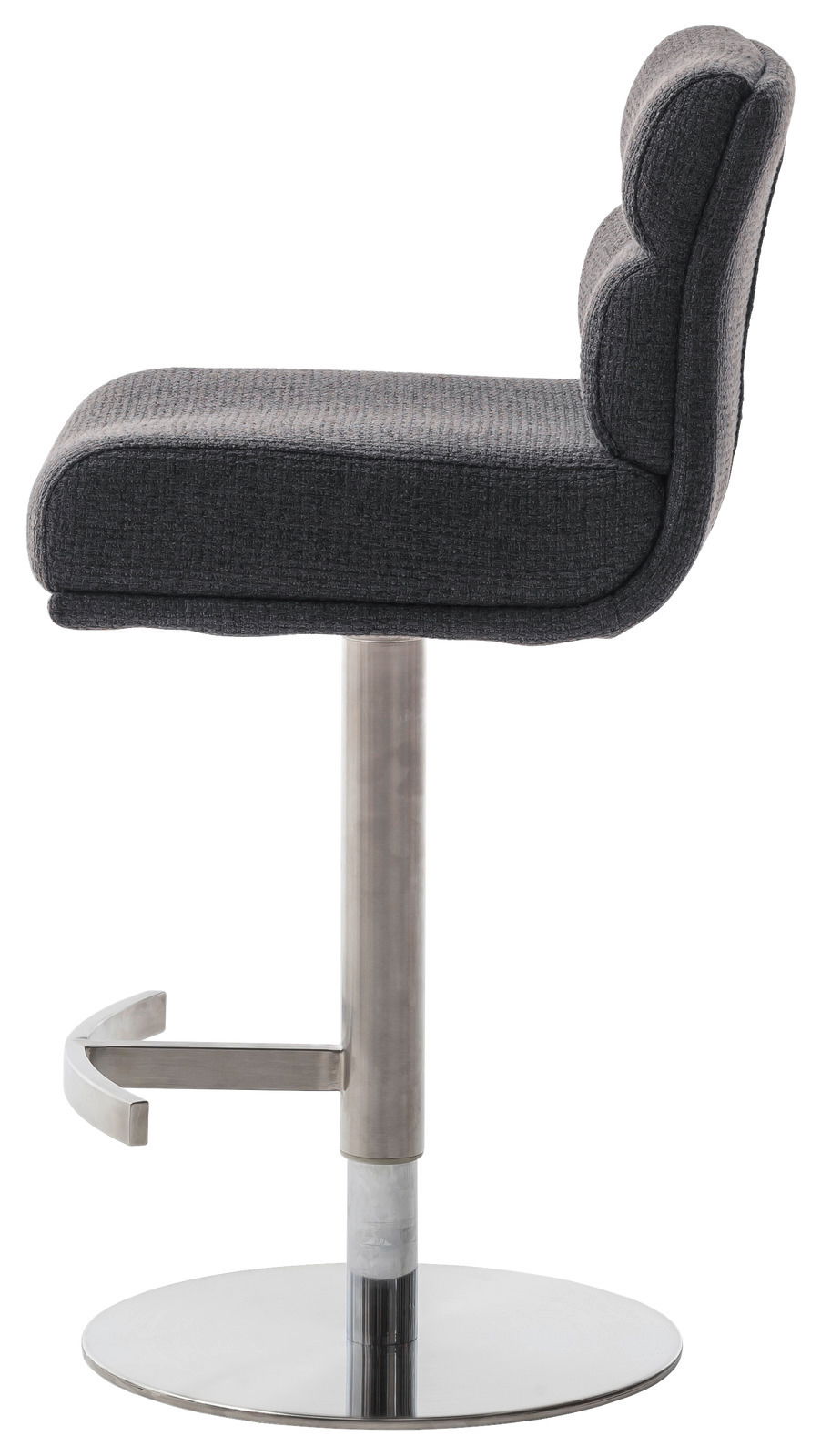 Dieter Knoll Barstuhl LEXINGTON Seitenansicht eines modernen Barstuhls mit grauem Stoffbezug und verchromtem Fußgestell.