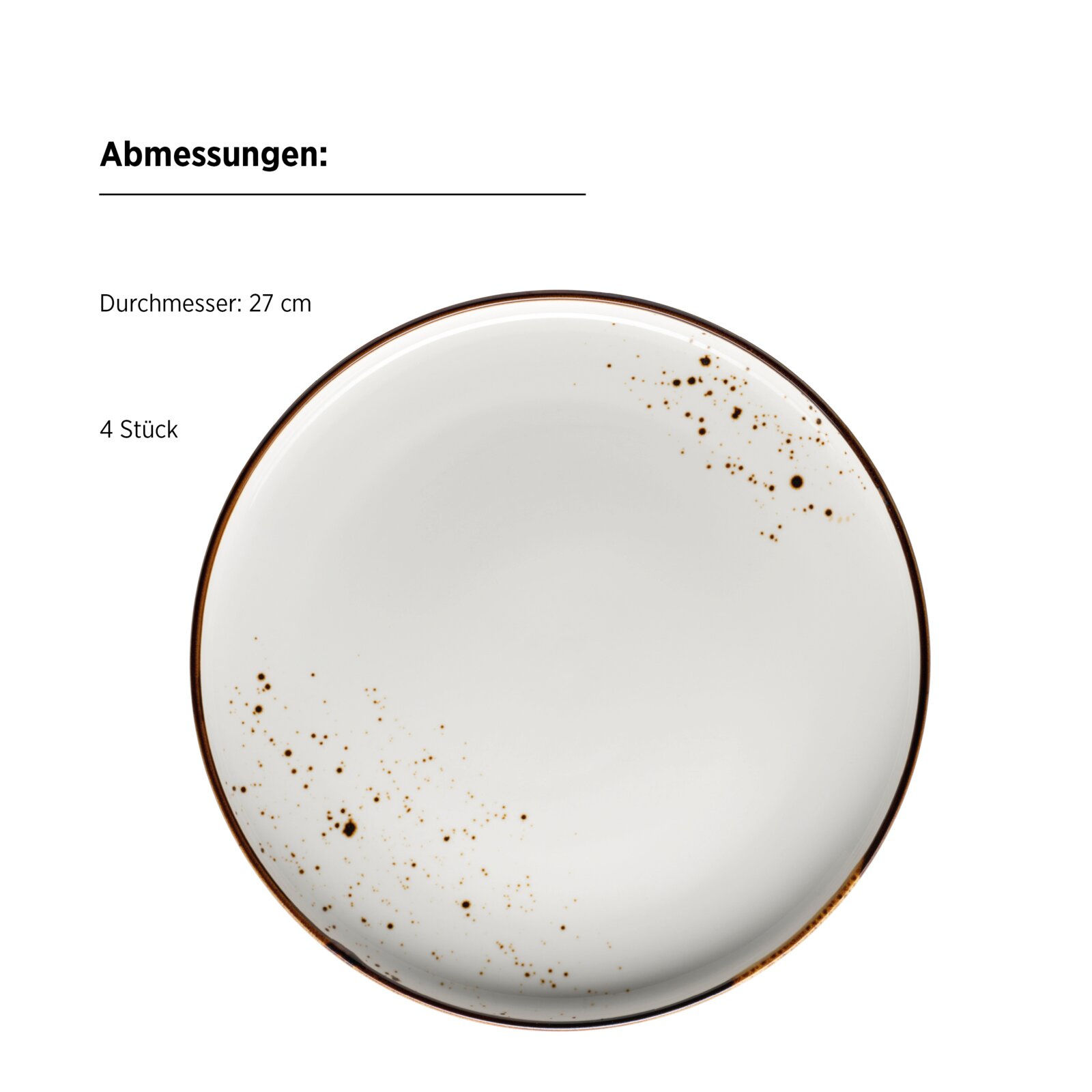 Runder weißer Speiseteller mit braunem Rand und Sprenkelmuster, Durchmesser 27 cm, Set aus 4 Stück, Draufsicht/Top-Down-Perspektive