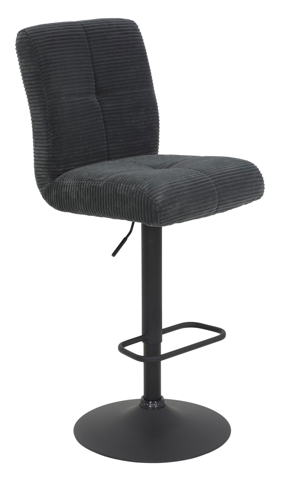 Moderner Barhocker mit schwarzem, geripptem Stoffbezug und verstellbarem Metallgestell, seitliche Perspektive