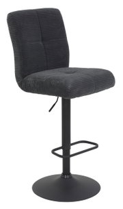 Moderner Barhocker mit schwarzem, geripptem Stoffbezug und verstellbarem Metallgestell, seitliche Perspektive