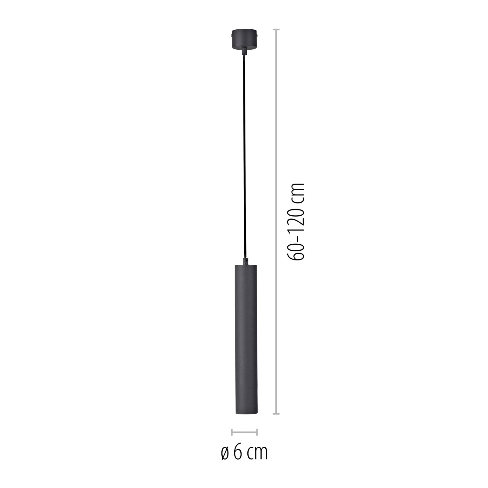 Schwarze, zylindrische Pendelleuchte mit schmalem Kabel und Deckenbaldachin, höhenverstellbar 60–120 cm, Durchmesser 6 cm, frontale Produktansicht auf weißem Hintergrund