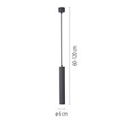 Schwarze, zylindrische Pendelleuchte mit schmalem Kabel und Deckenbaldachin, höhenverstellbar 60–120 cm, Durchmesser 6 cm, frontale Produktansicht auf weißem Hintergrund