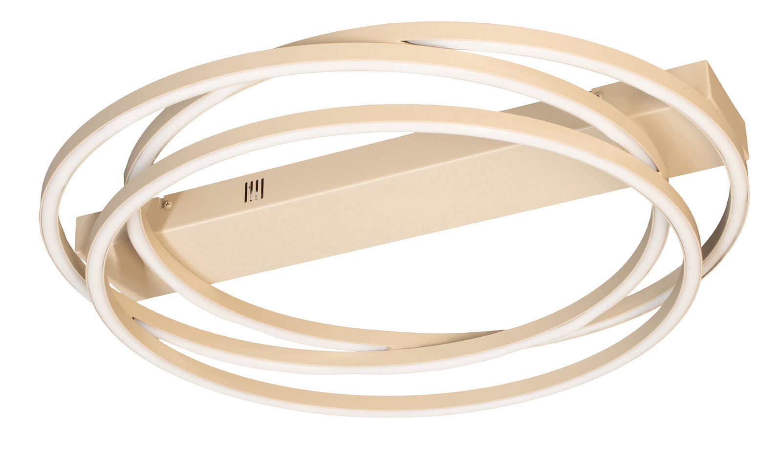 Moderne LED-Deckenleuchte in Gold/Champagner mit drei überlappenden Leuchtringen, schräg von unten in 3/4-Perspektive auf weißem Hintergrund
