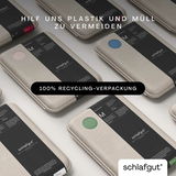 Verpackungen von Bettlaken in verschiedenen Farben, aus der Vogelperspektive fotografiert, mit dem Hinweis auf 100% Recycling-Verpackung.