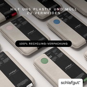 Verpackungen von Bettlaken in verschiedenen Farben, aus der Vogelperspektive fotografiert, mit dem Hinweis auf 100% Recycling-Verpackung.