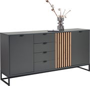 Modernes XL-Sideboard in dunklem Grau mit Holzstreifenakzent, vier Schubladen und zwei Türen, seitliche Perspektive