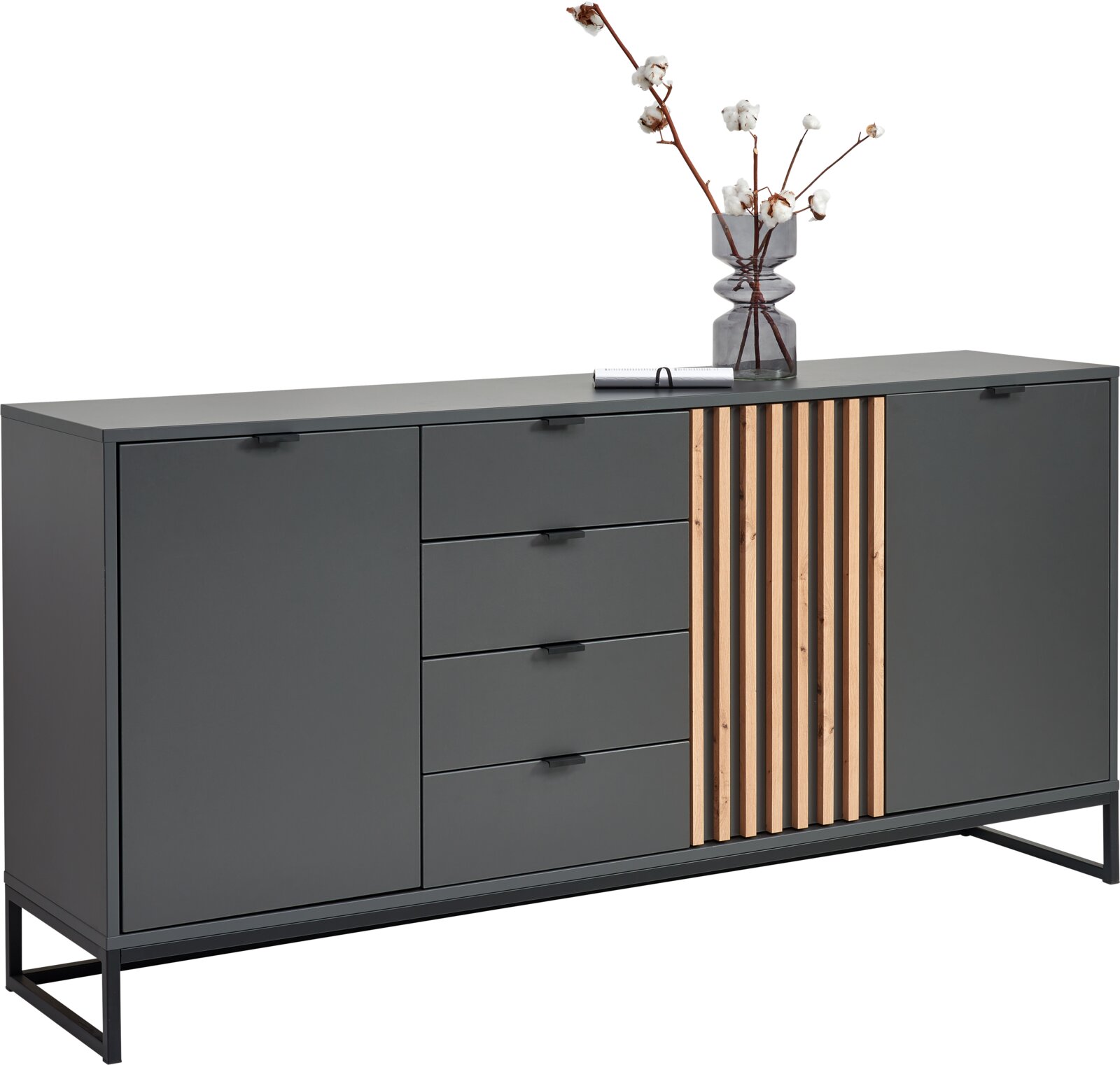 Voleo XL-Sideboard PHIL Modernes XL-Sideboard in dunklem Grau mit Holzstreifenakzent, vier Schubladen und zwei Türen, seitliche Perspektive