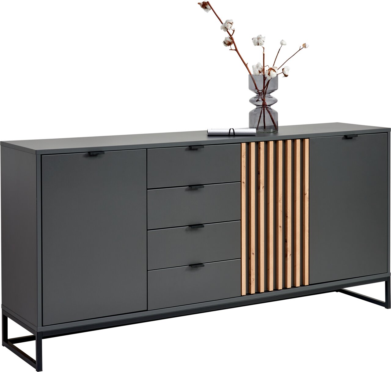 Voleo XL-Sideboard PHIL Modernes XL-Sideboard in dunklem Grau mit Holzstreifenakzent, vier Schubladen und zwei Türen, seitliche Perspektive