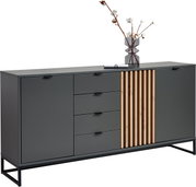 Modernes XL-Sideboard in dunklem Grau mit Holzstreifenakzent, vier Schubladen und zwei Türen, seitliche Perspektive