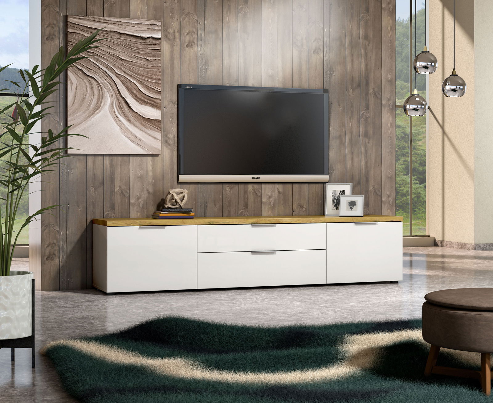 Modernes TV-Lowboard in Weiß mit Holzoberfläche, frontal betrachtet, in einem stilvoll eingerichteten Wohnzimmer.