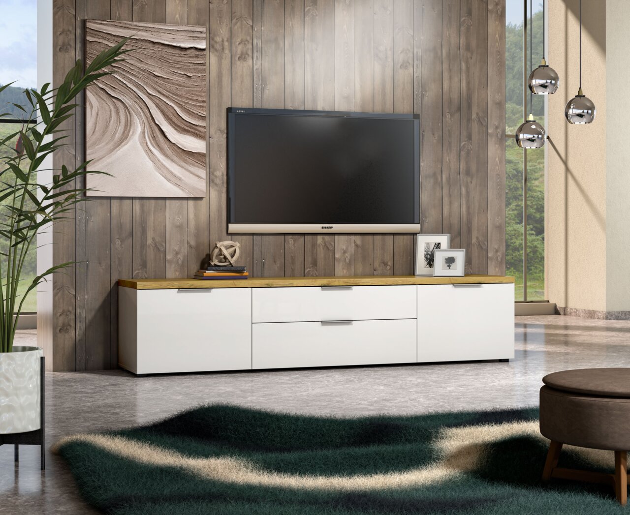 XORA XL-tv-lowboard IDEA Modern tv-lowboard in wit met houten afwerking, gezien vanaf de voorkant, in een stijlvol ingerichte woonkamer.