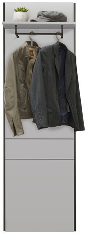 Wandpaneel mit Haken, auf denen zwei Jacken hängen, und einer Ablage mit einer Pflanze und einer Mütze, frontal betrachtet.