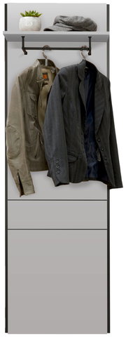 Wandpaneel mit Haken, auf denen zwei Jacken hängen, und einer Ablage mit einer Pflanze und einer Mütze, frontal betrachtet.