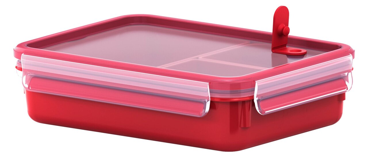 Emsa Mikrowellendose 1,2l CLIP & MICRO Rote Mikrowellendose 1,2L mit transparentem Deckel und Verschluss, seitliche Perspektive