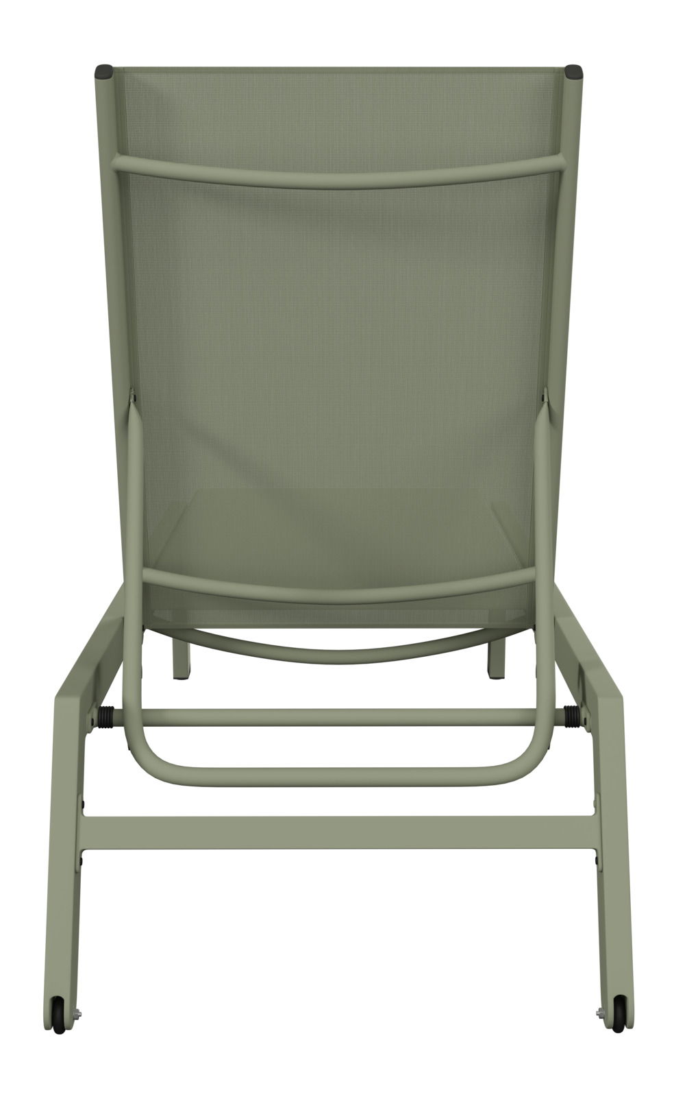 Rückansicht einer grünen Sonnenliege mit stabilem Metallrahmen.