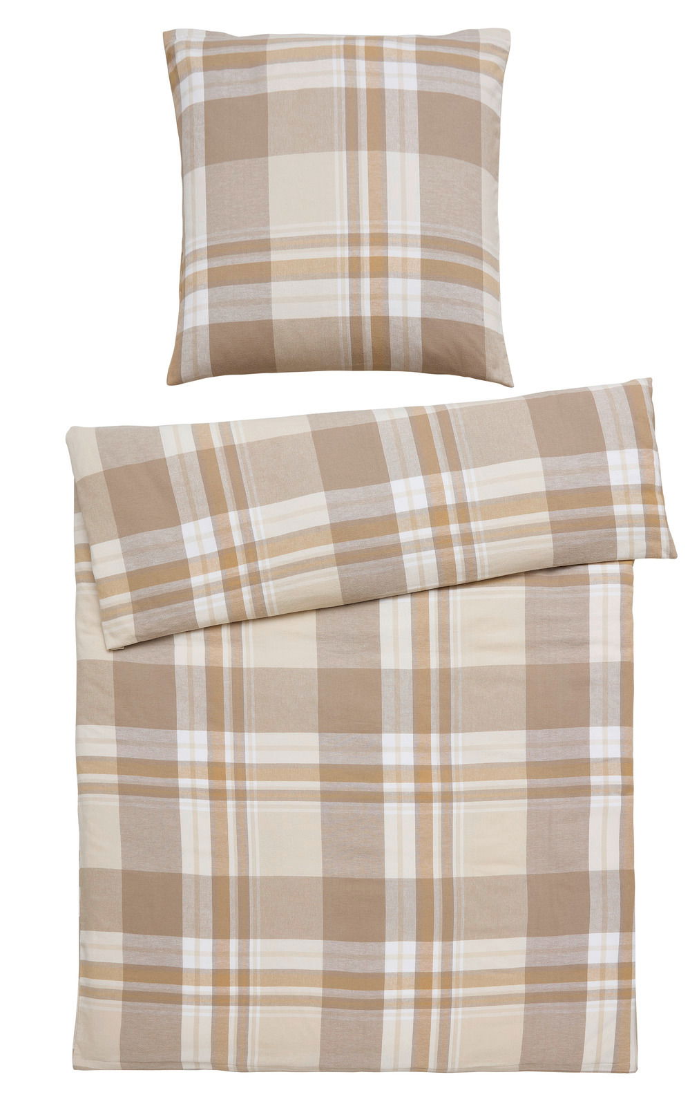 Linneweber Bettwäsche 135x200cm FUNCHAL Bettwäsche-Set in Beige- und Brauntönen mit Karomuster, bestehend aus einem Kissenbezug und einem Bettdeckenbezug, aus der Vogelperspektive fotografiert.