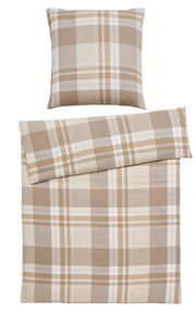 Bettwäsche-Set in Beige- und Brauntönen mit Karomuster, bestehend aus einem Kissenbezug und einem Bettdeckenbezug, aus der Vogelperspektive fotografiert.