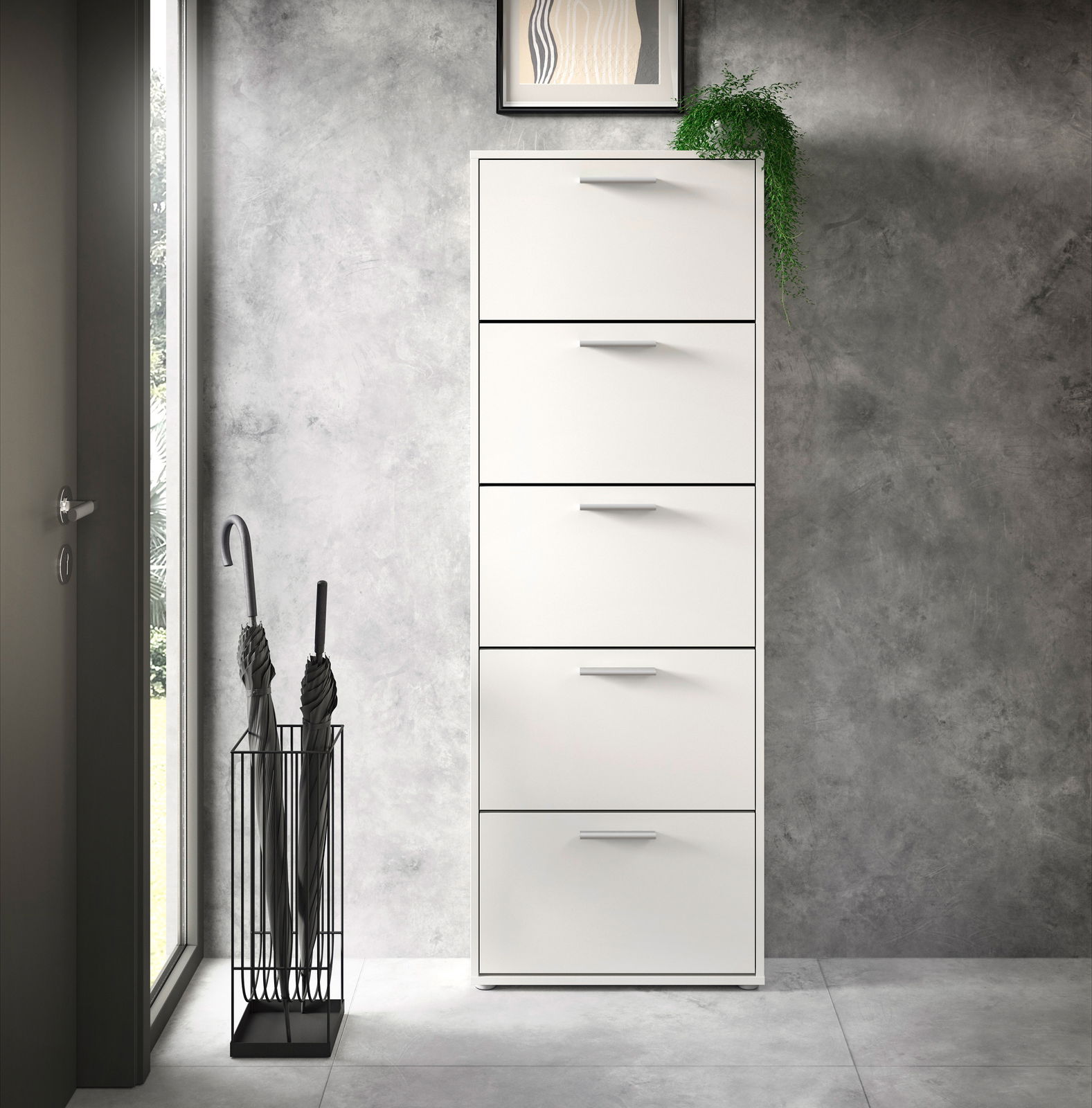 Moderner weißer Schuhkipper mit fünf Klappen, frontal fotografiert, neben einem Regenschirmständer in einem eleganten Eingangsbereich.