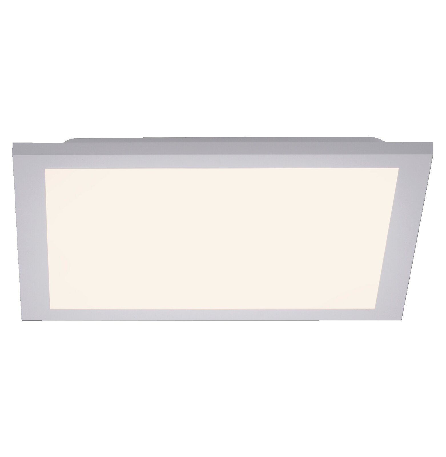 Rechteckige LED-Deckenleuchte mit weißem Rahmen und großflächiger Lichtfläche, eingeschaltet, in frontaler Ansicht leicht von unten vor grauem Hintergrund