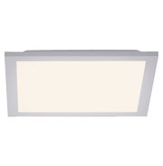 Rechteckige LED-Deckenleuchte mit weißem Rahmen und großflächiger Lichtfläche, eingeschaltet, in frontaler Ansicht leicht von unten vor grauem Hintergrund