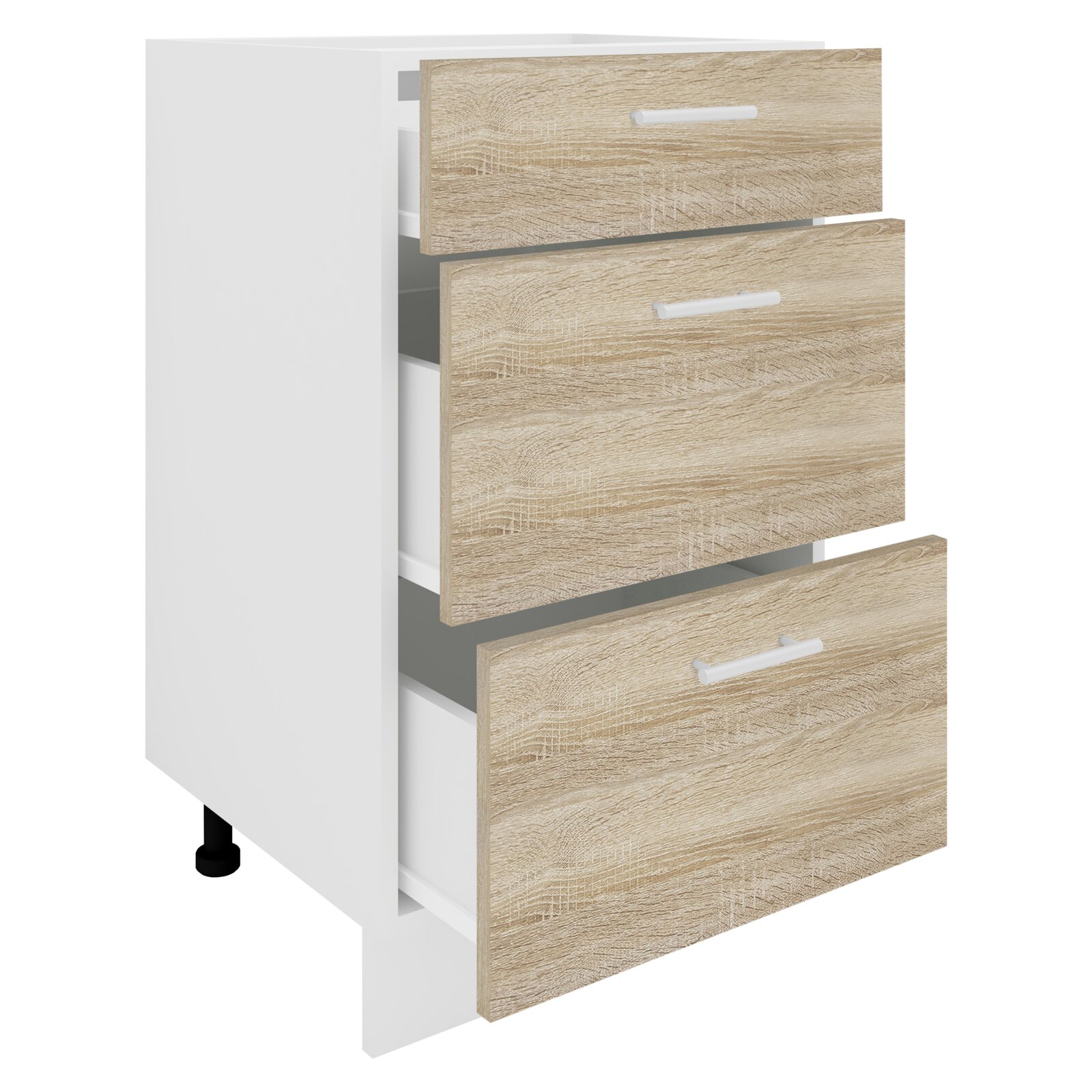 VCM Schrank ESILO Weiße Küchenunterschrank-Kommode mit drei teilausgezogenen Schubladen, Fronten in heller Holzoptik und weißen Griffen, aus schräger Vorderansicht (3/4-Perspektive)