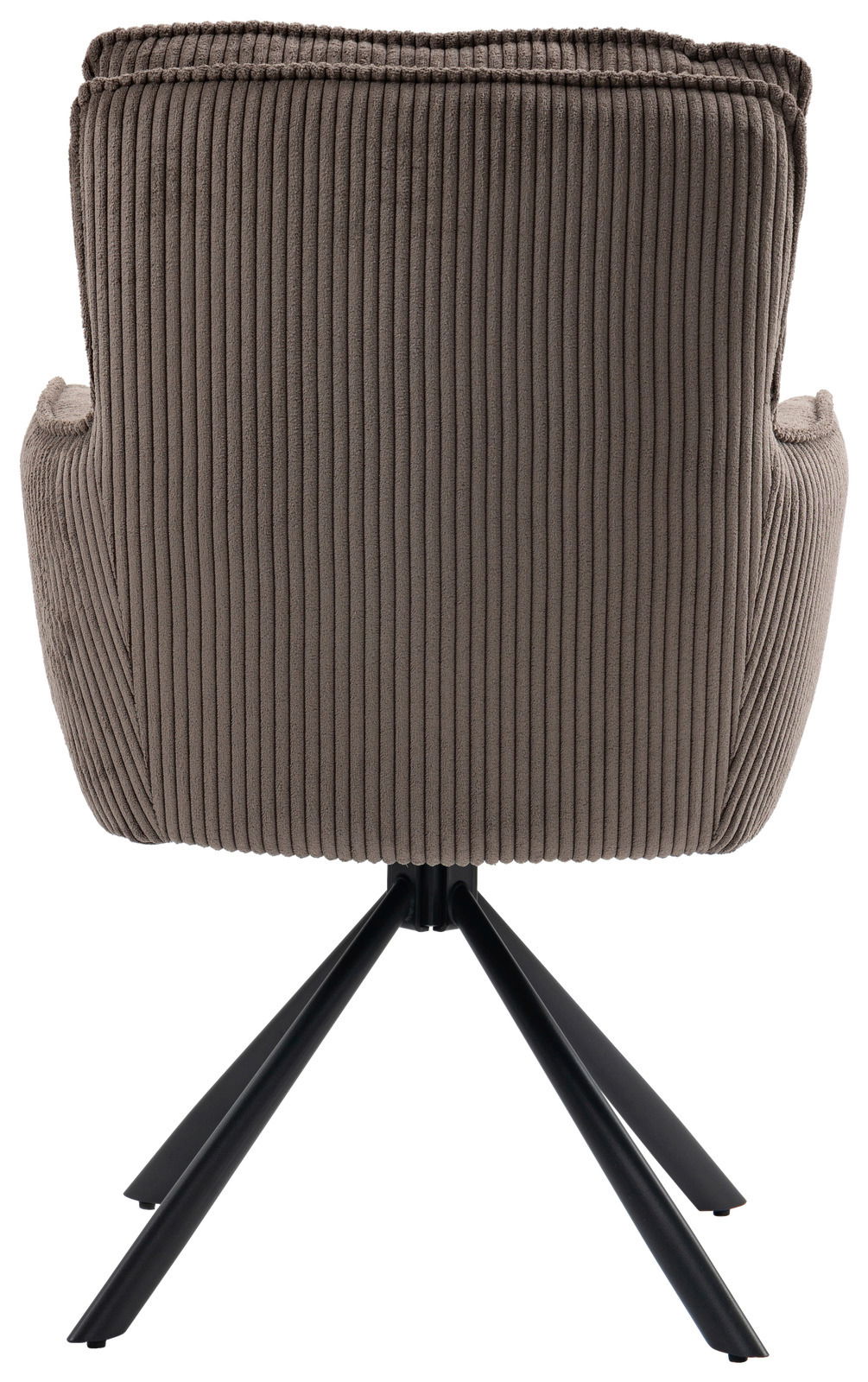 Rückansicht eines Sessels mit geripptem Stoffbezug und schwarzem Metallgestell