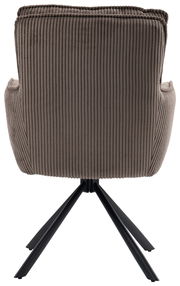 Rückansicht eines Sessels mit geripptem Stoffbezug und schwarzem Metallgestell